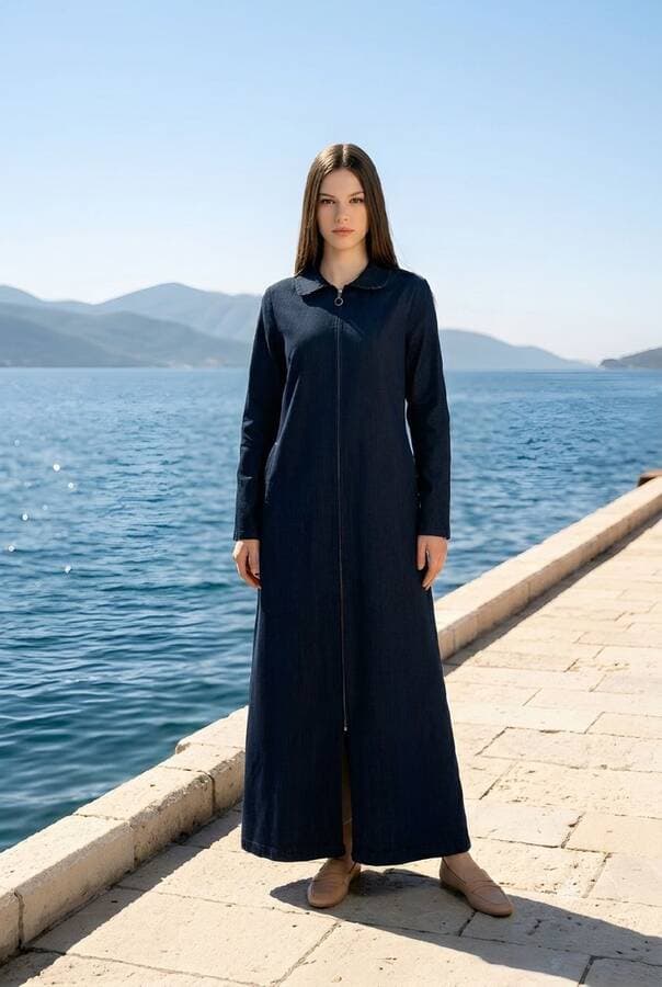 6568-Denim Fermuarlı Ferace Koyu Petrol