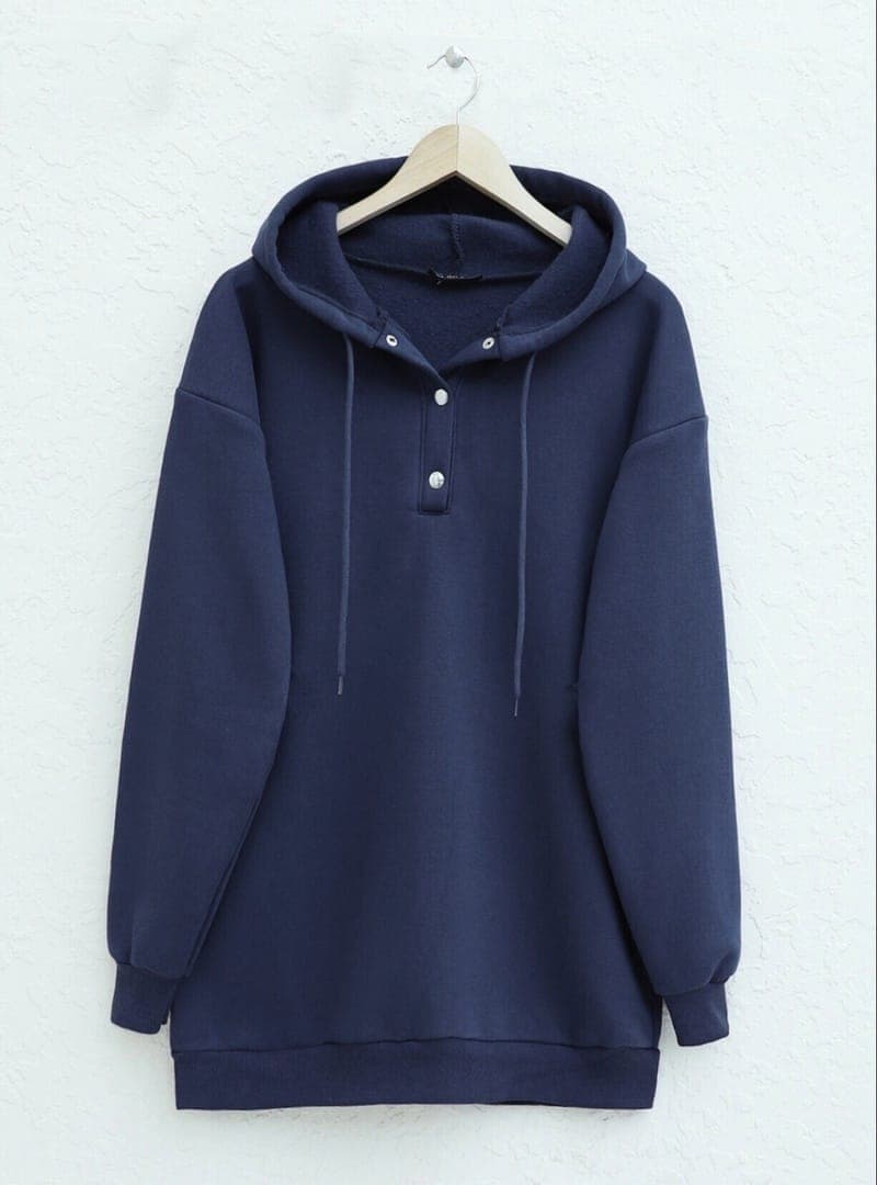 Kapşonlu Çıtçıtlı Sweatshirt Lacivert