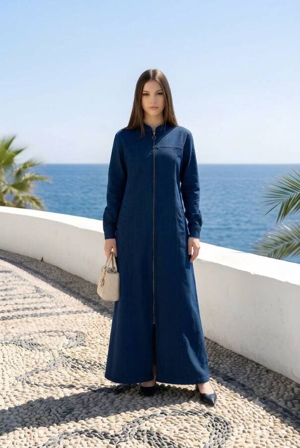 6579-Denim Fermuarlı Ferace Lacivert