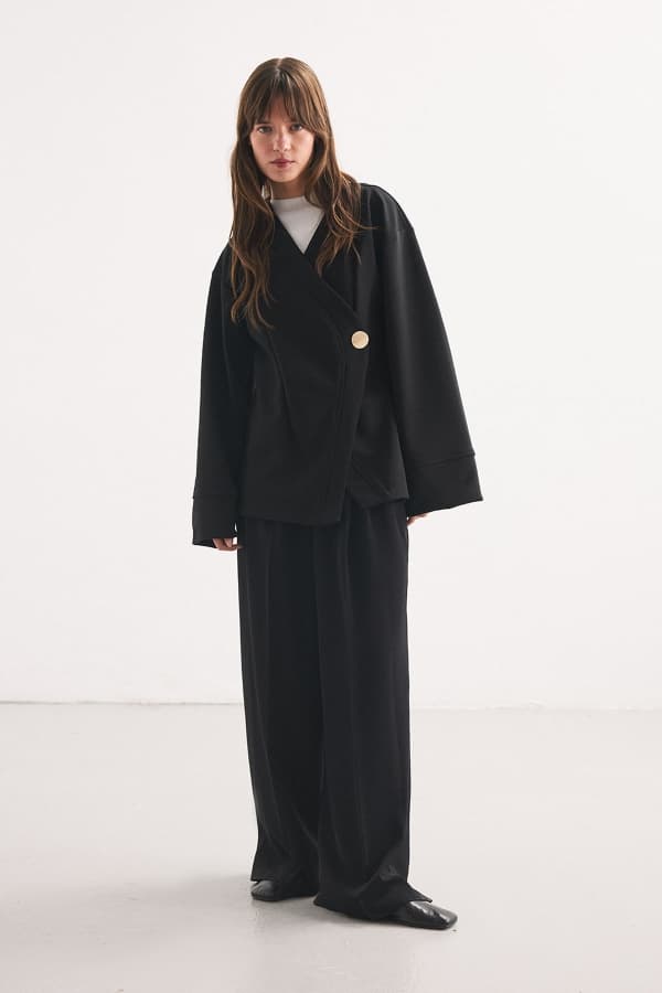 Düğme Detaylı Siyah Kimono Bluz