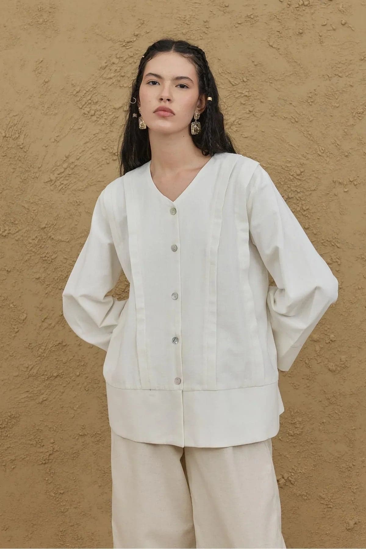 Nervürlü Kimono Gömlek Ekru