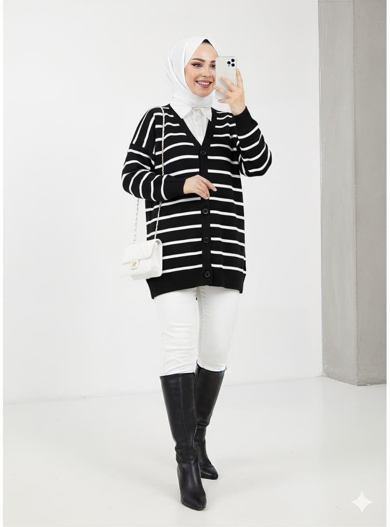 Çizgili V Yaka Oversize Triko Hırka