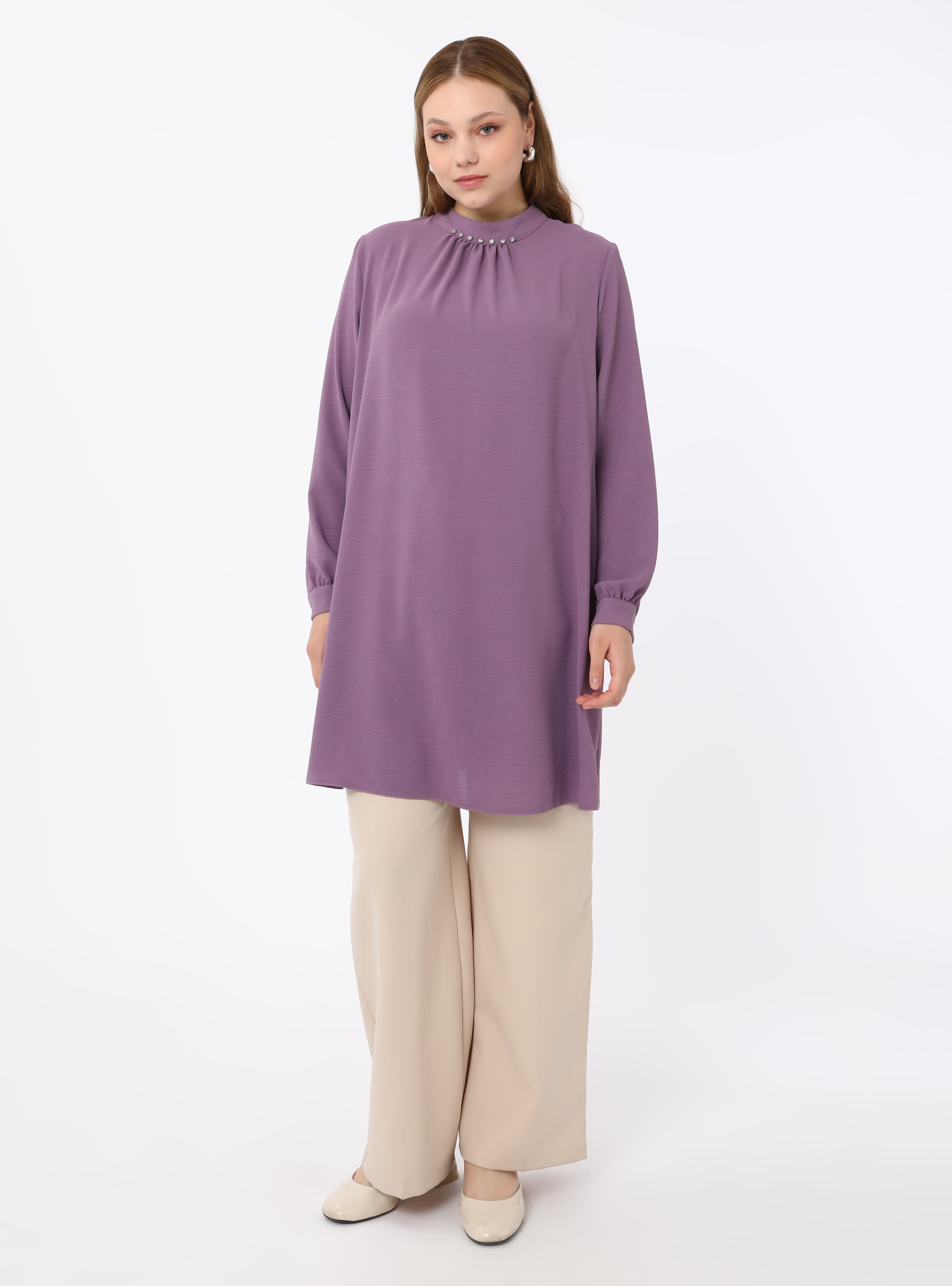 Yakası Taş Detaylı Tunik Lila
