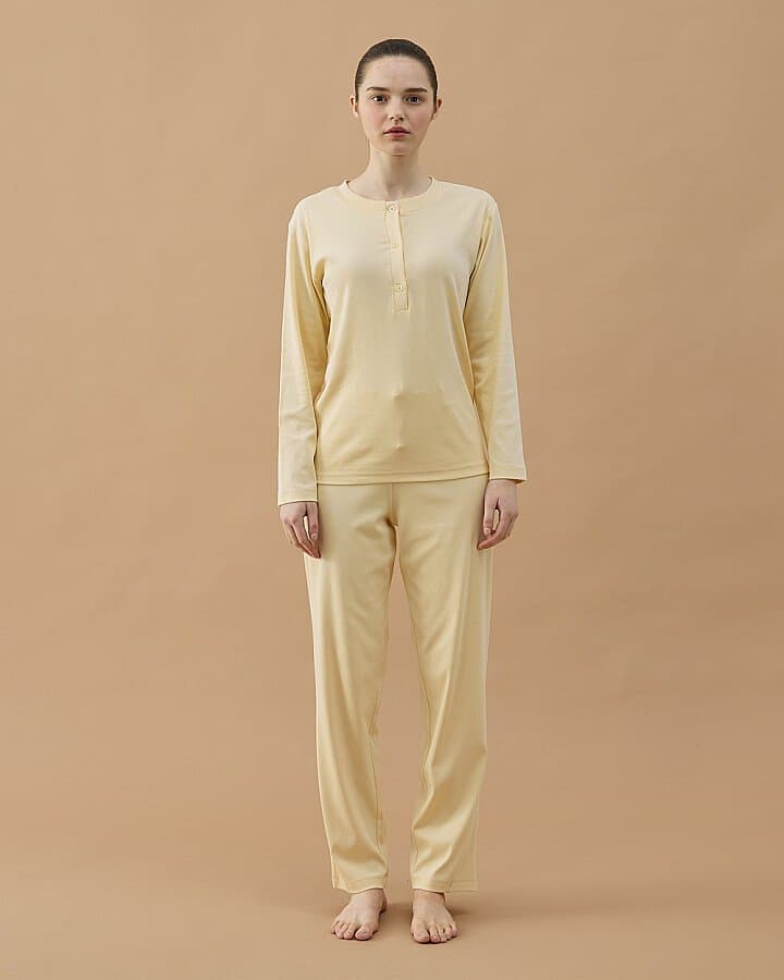 Penye Ribana Önü Patlı Pijama Takımı Sarı