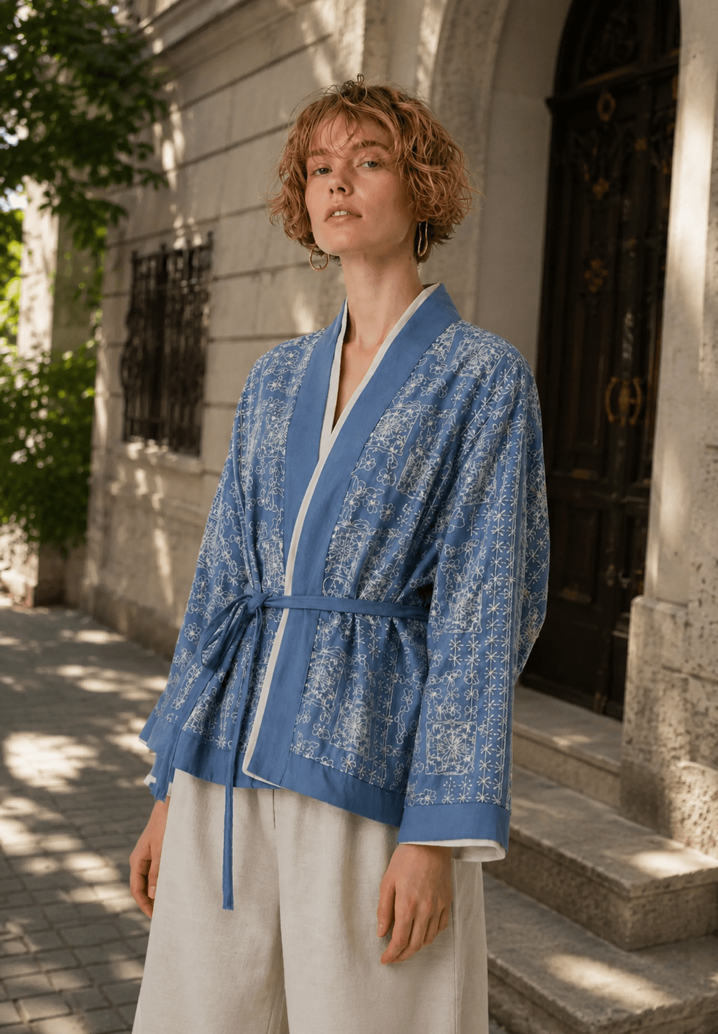 Etnik Nakışlı Kuşaklı Kısa Kimono-RS34920