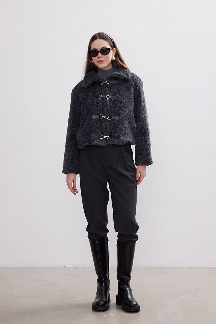 ANTRASİT PELUŞ CROP CEKET