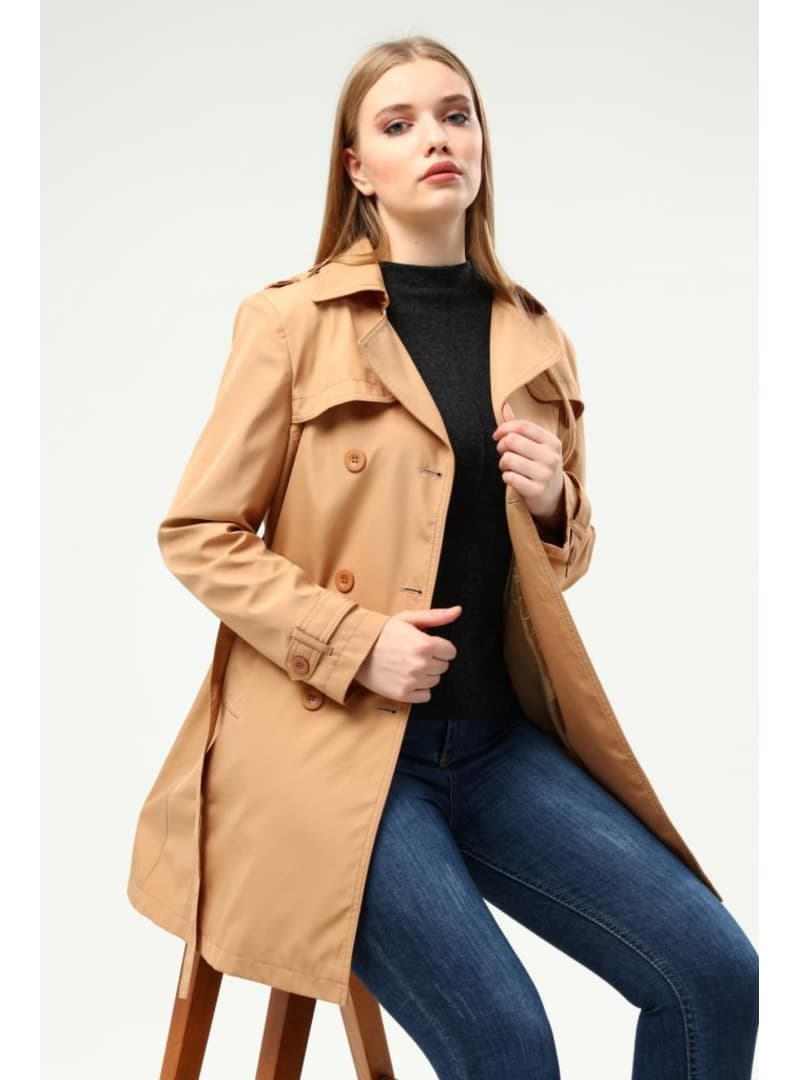 Büyük Beden Astarlı Trençkot Camel