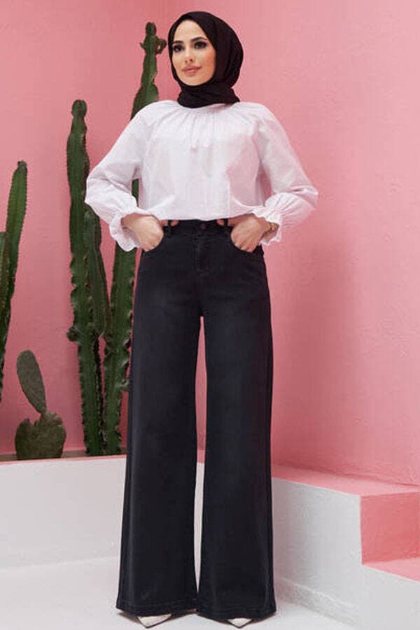 1152- Denim Bol paça Pantolon Koyu Füme