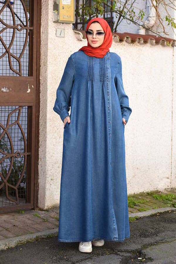 6508-Denim Yandan Düğmeli  Ferace Koyu Mavi
