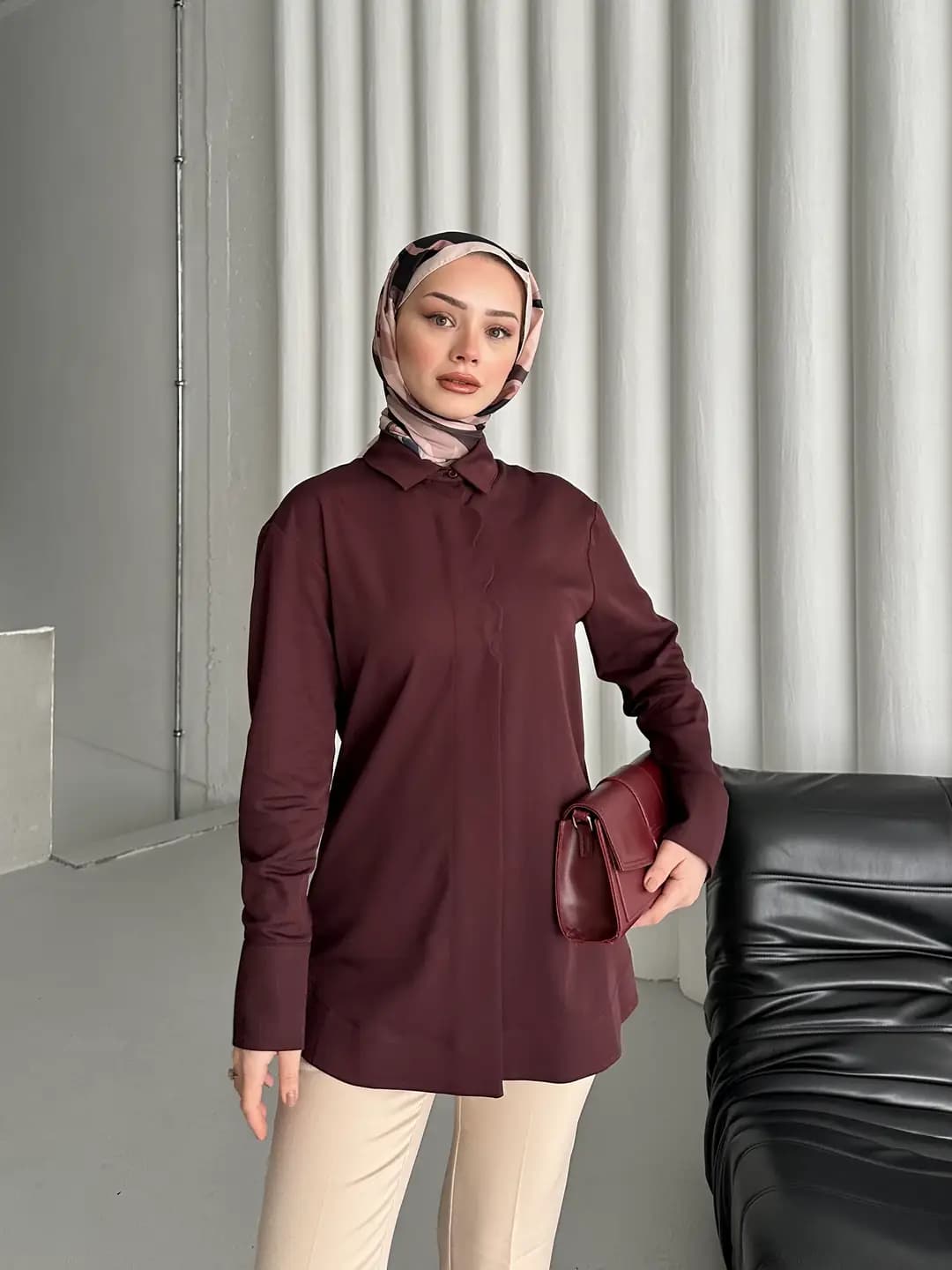 Basic Düz Krep Dokuma Uzun Kollu Gömlek