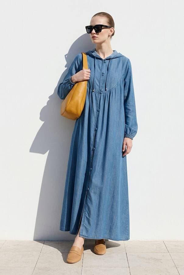 6635-Brit Düğmeli Denim Ferace Koyu Mavi