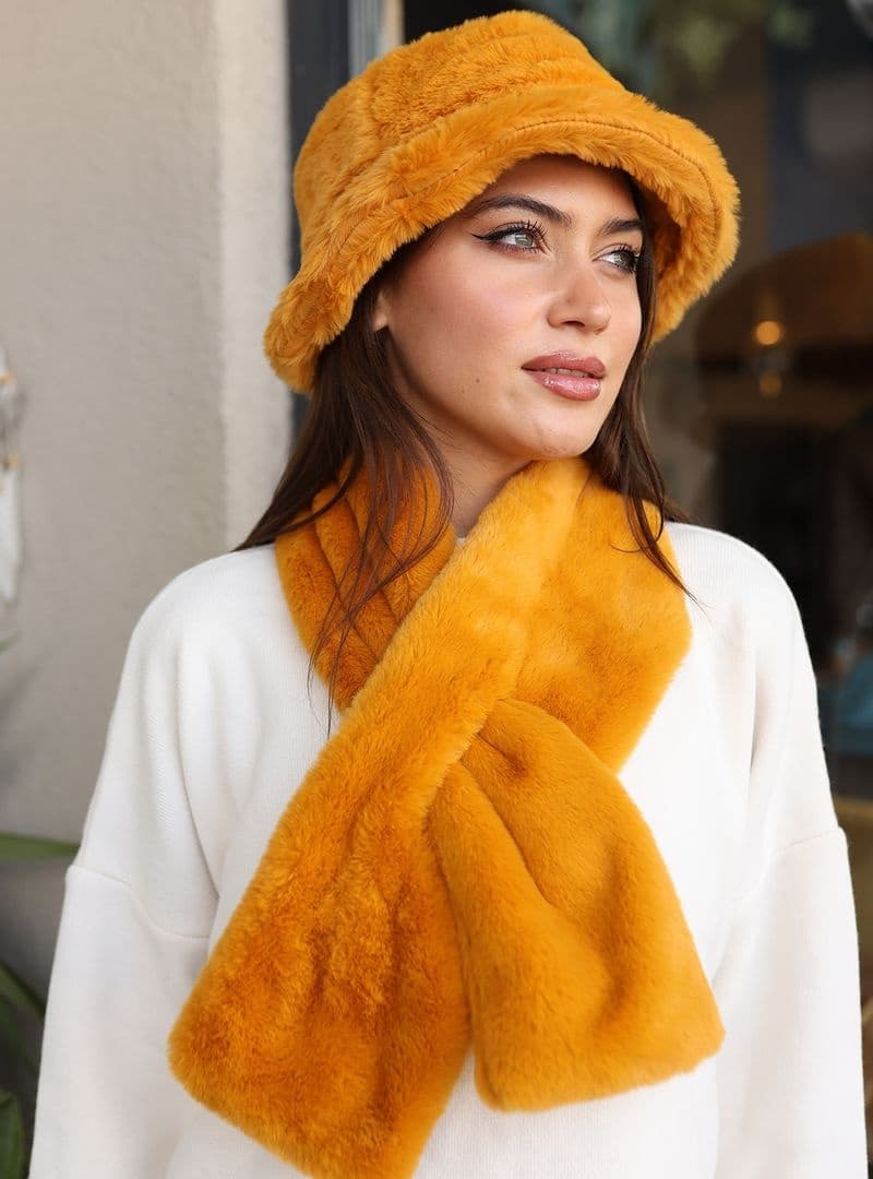 Peluş Kaşkol Boyunluk Atkı Hardal