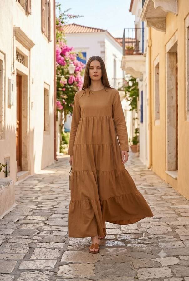 6400-Denim Parça Boya  Elbise Tütün