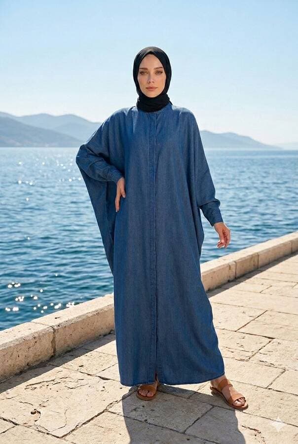 6571-Denim Tensel Abaya Koyu Mavi