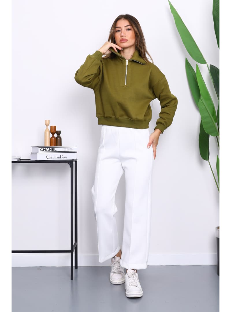 Yağ Yeşili Fermuarlı Crop Sweat