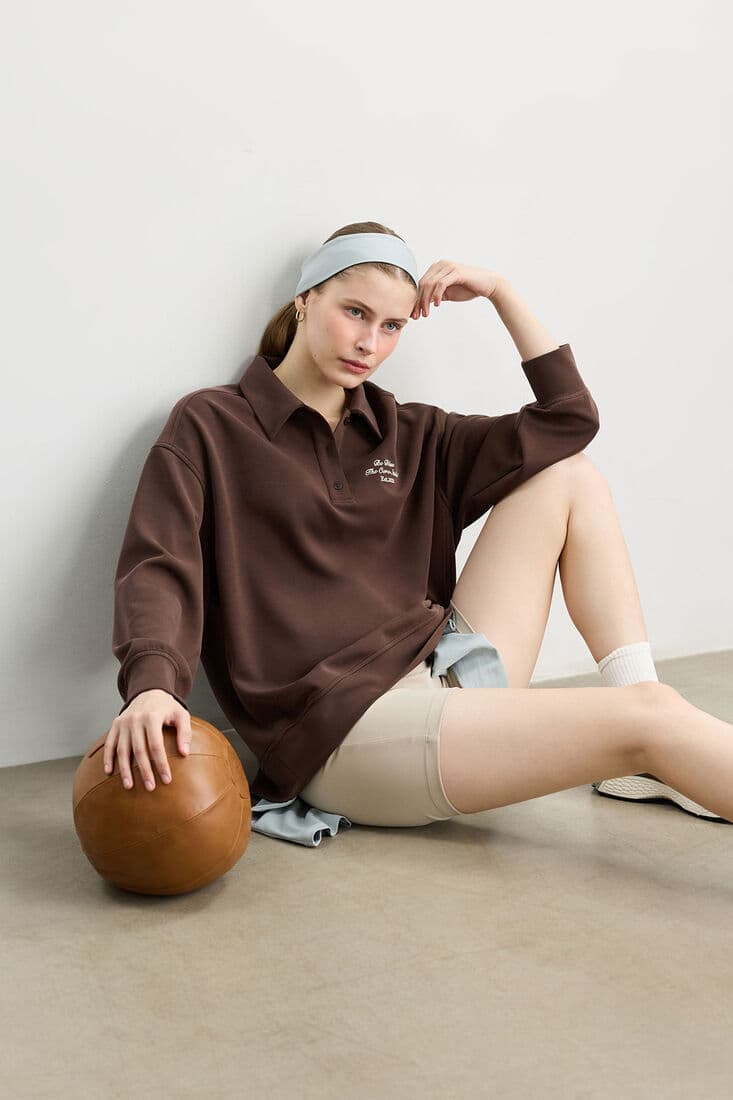 TOZLU KAHVERENGİ POLO YAKA İNCE SWEATSHIRT