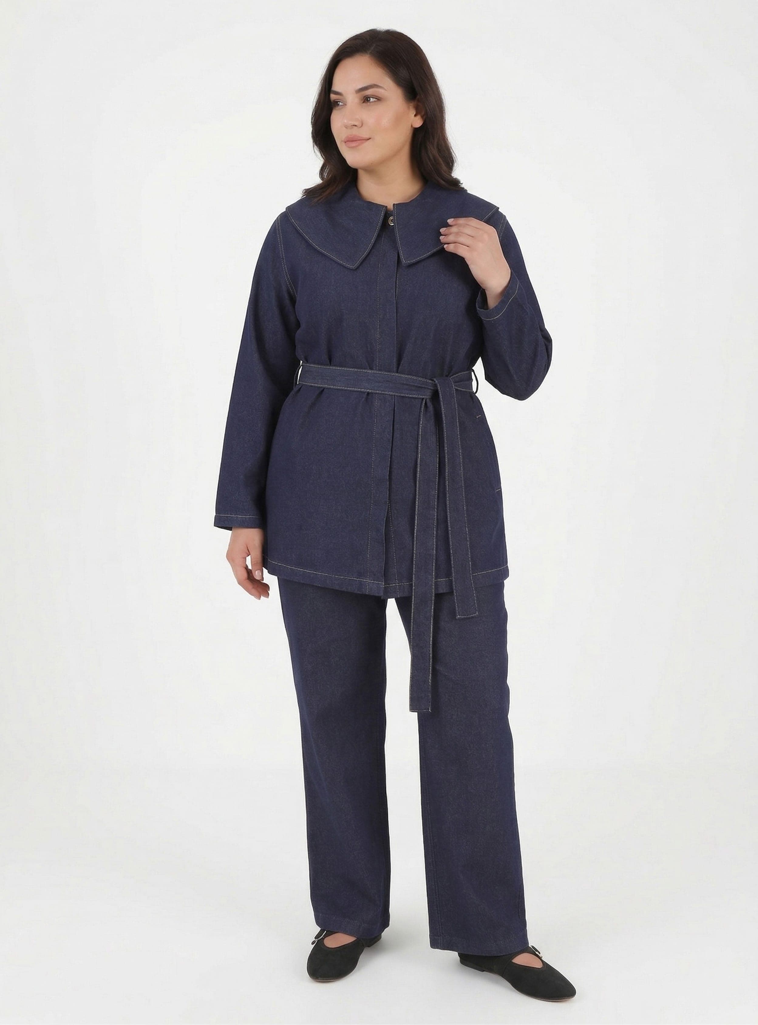 Denim Bebe Yaka Detaylı Büyük Beden Tunik Koyu Lacivert Alia