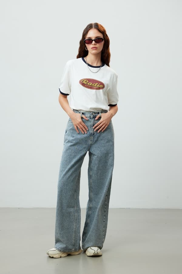 LOOSE FIT DOKULU DENİM PANTOLON MAVİ