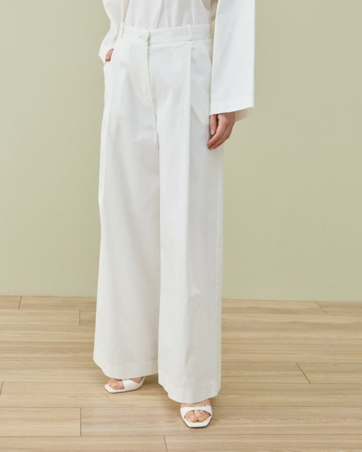 Paper Gabardin Tek Pileli Wide Leg Pantolon Ekru