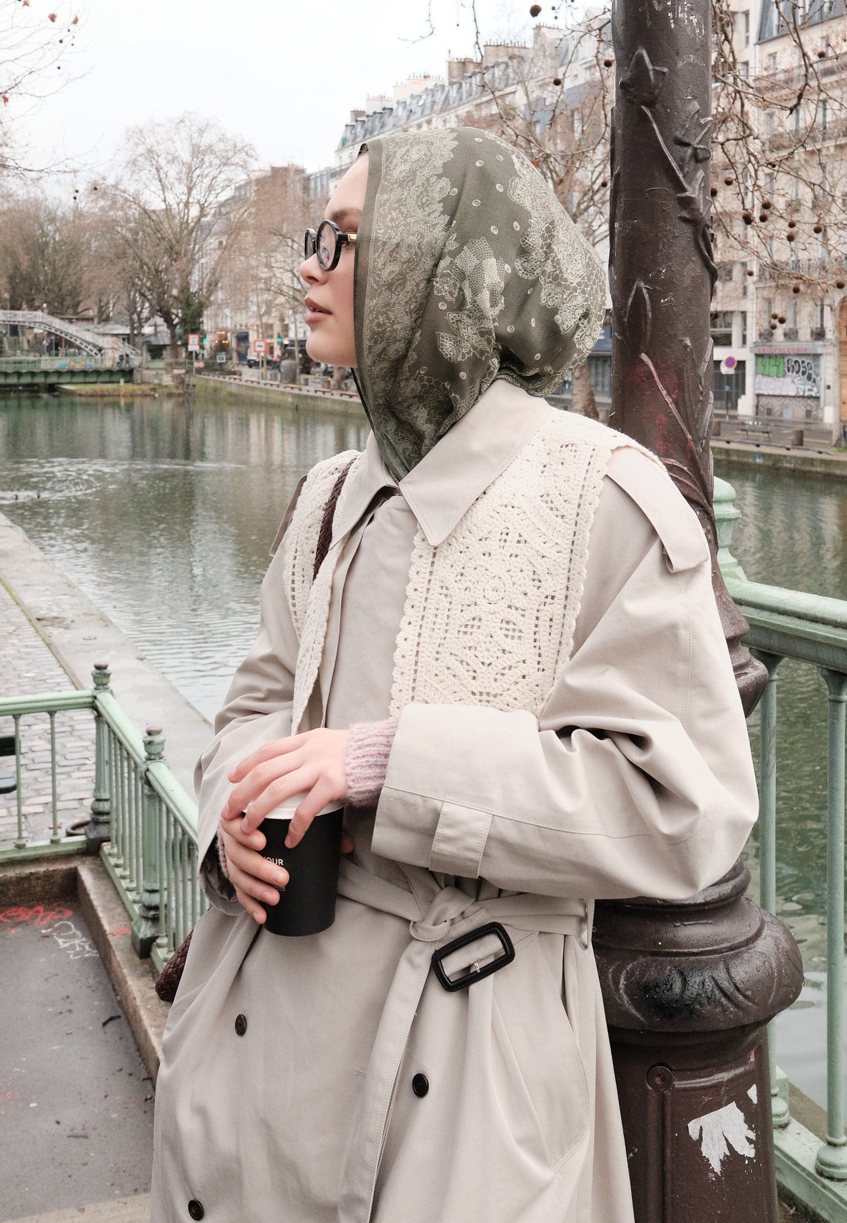 Floral Lace Desen Rami Şal Soft Haki