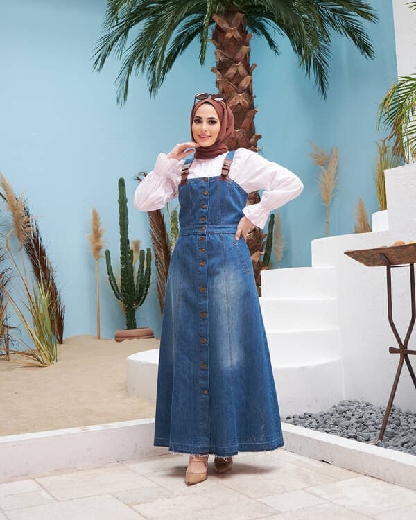 2268-Denim Salopet etek Koyu Mavi