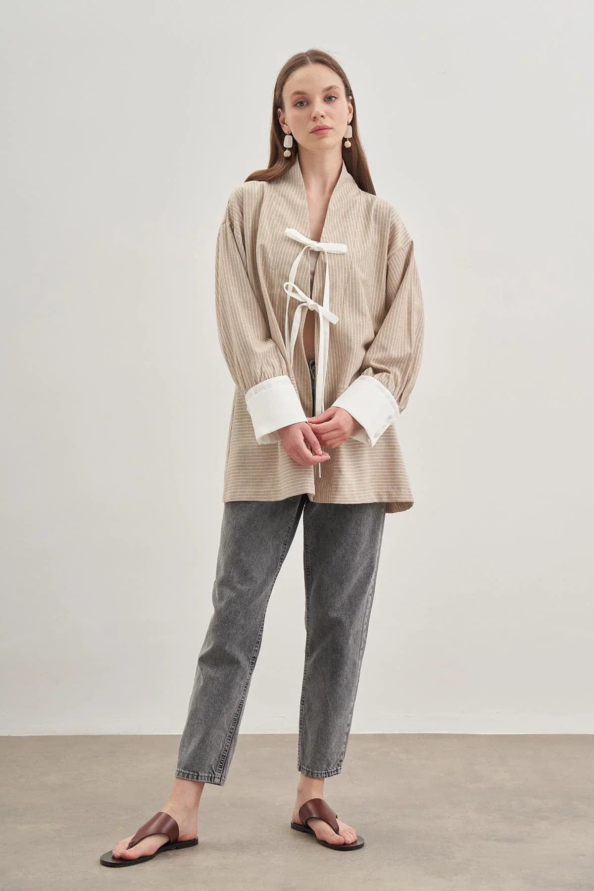 Çizgili Kimono Bej