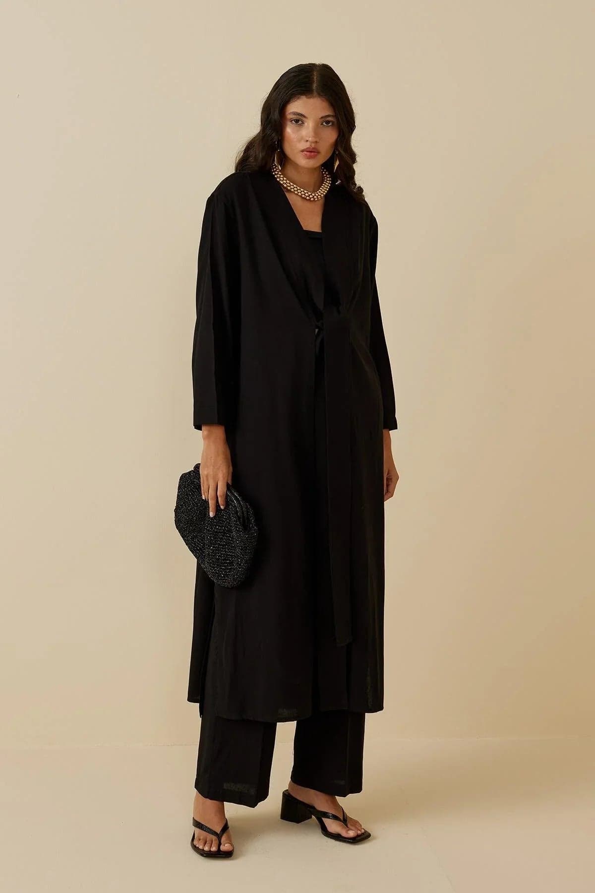 Yırtmaçlı Keten Kimono Siyah