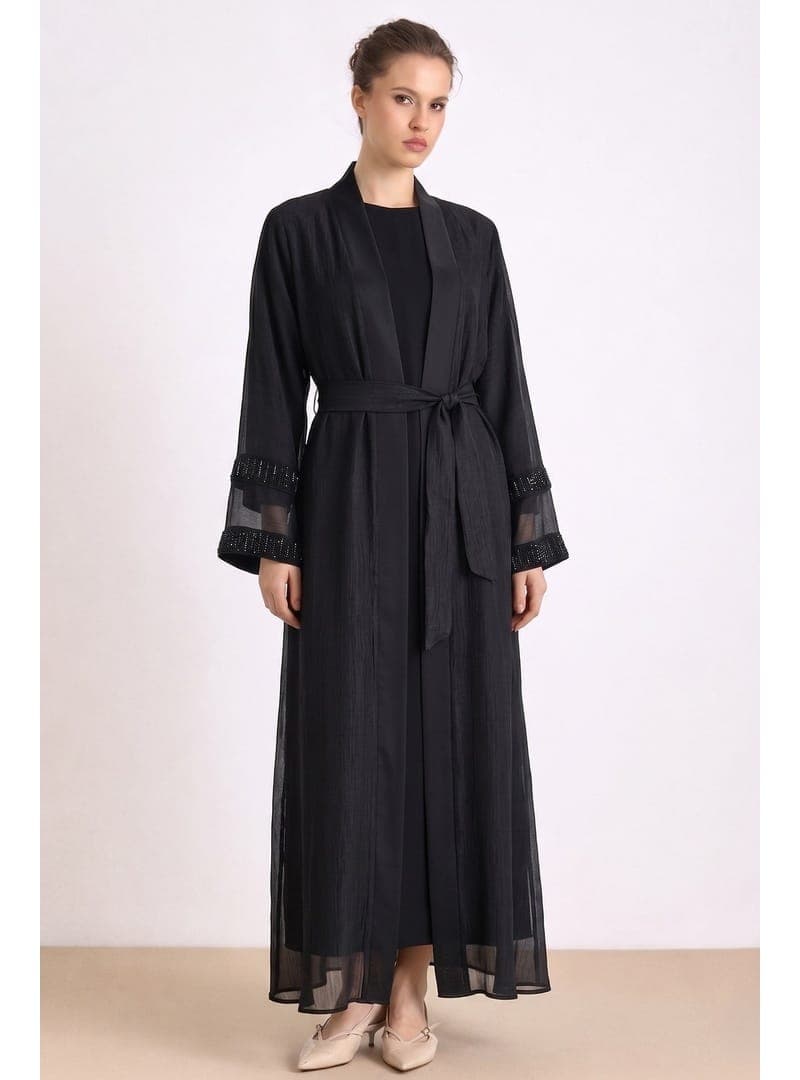 Organze Abaya Takım Kolları Taş Detaylı SİYAH 9449 TK