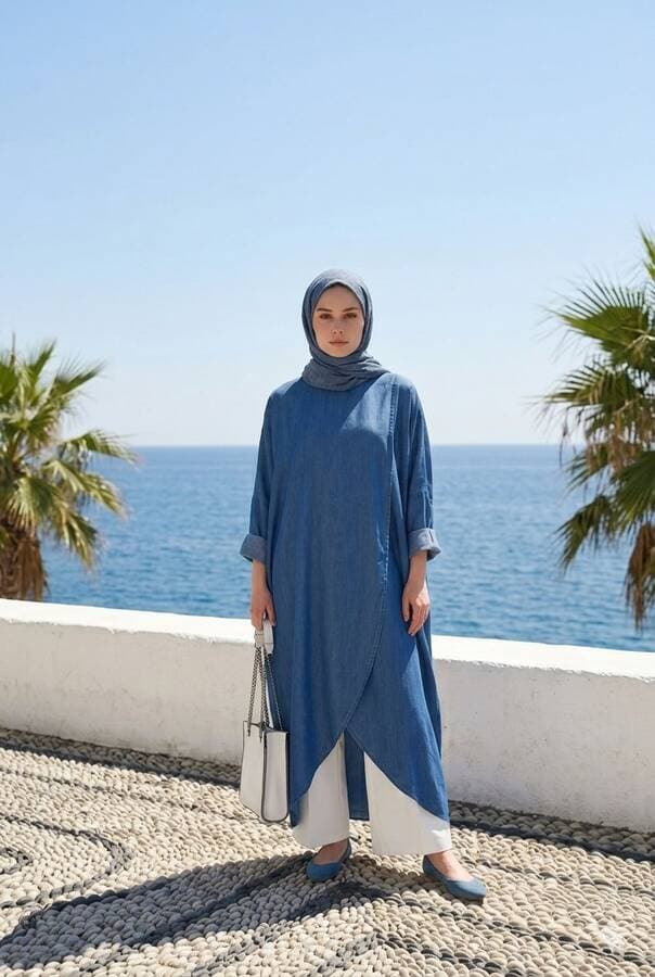 6394-Denim Tensel Standart Salaş Tunik Koyu Mavi