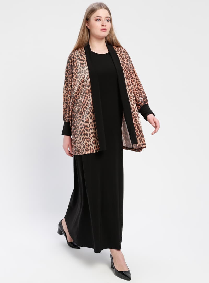 Leopar Desenli Tesettür Takım Kahverengi