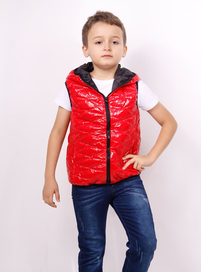 Erkek Çocuk Kapşonlu Parlak Yelek Kırmızı