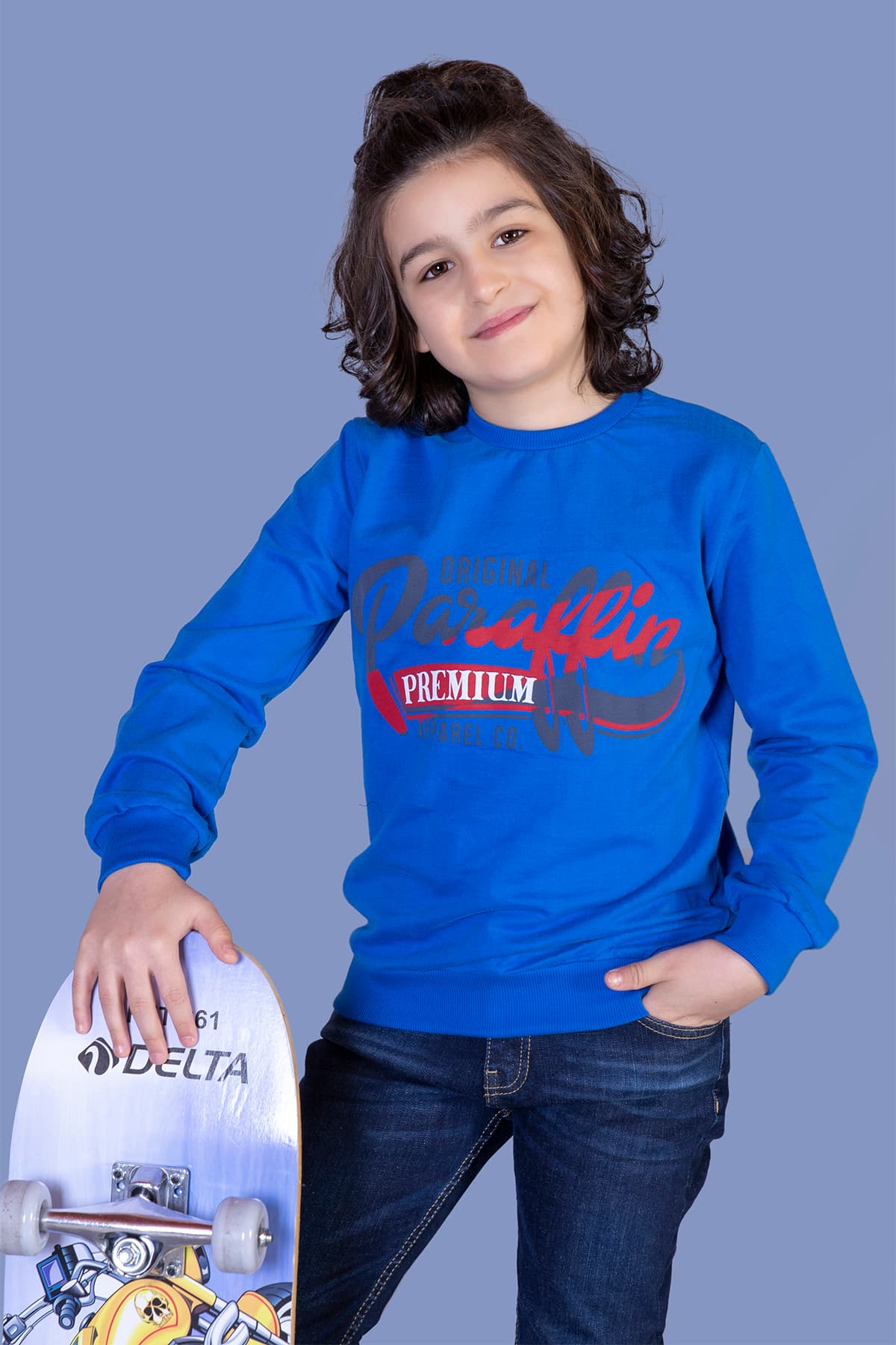 Baskılı Çocuk Sweatshirt Saks Mavisi