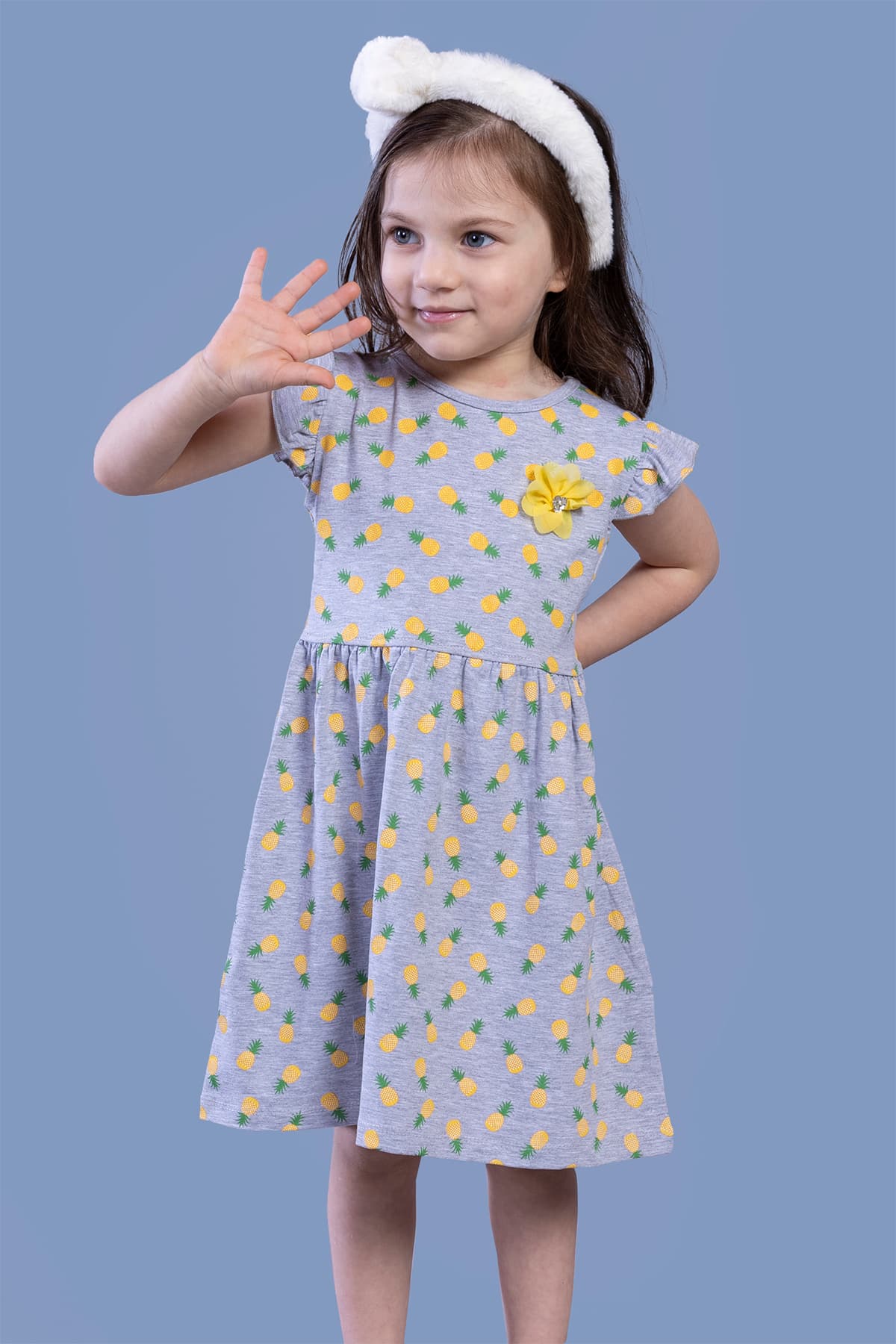 Kız Çocuk Ananas Desenli Elbise Gri