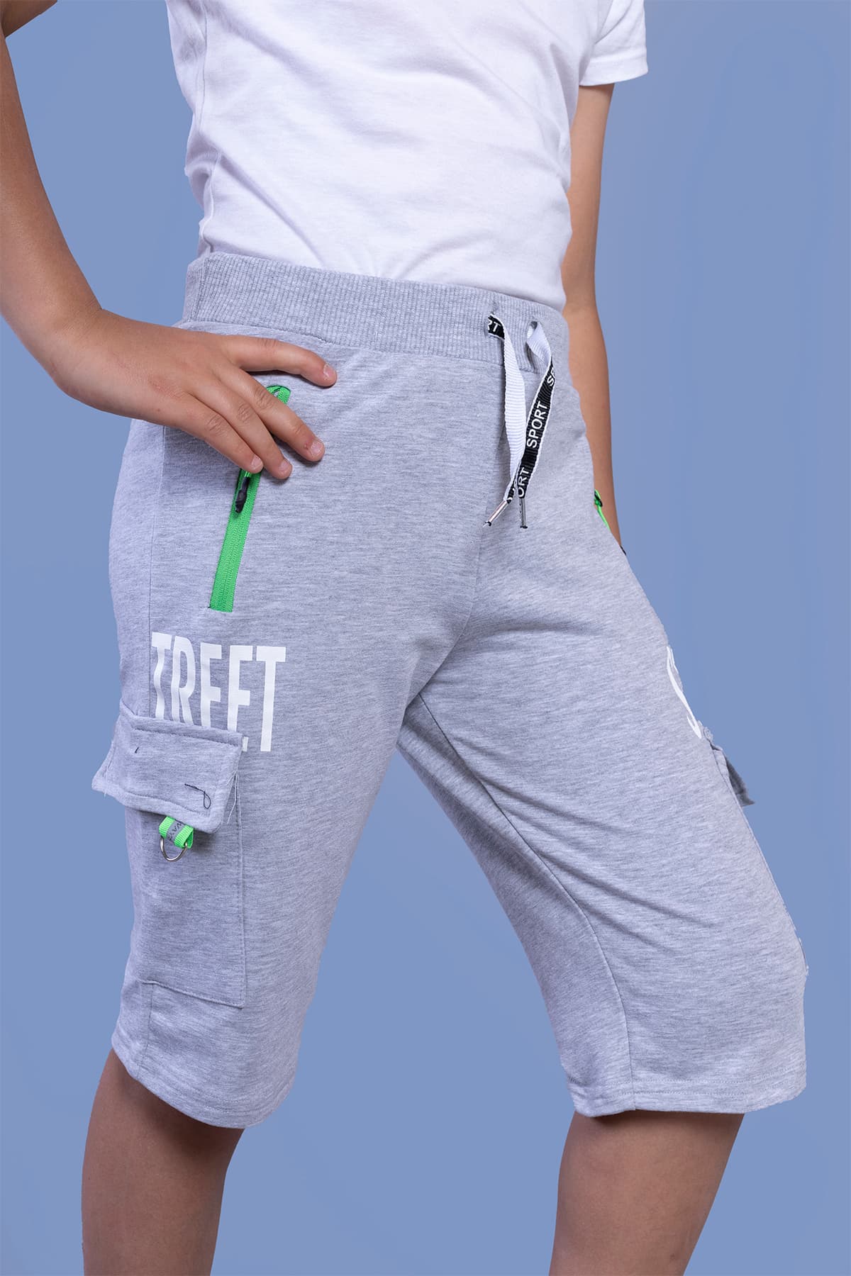 Toontoy Erkek Çocuk Cep Detaylı Baskılı Kapri-Gri Melanj