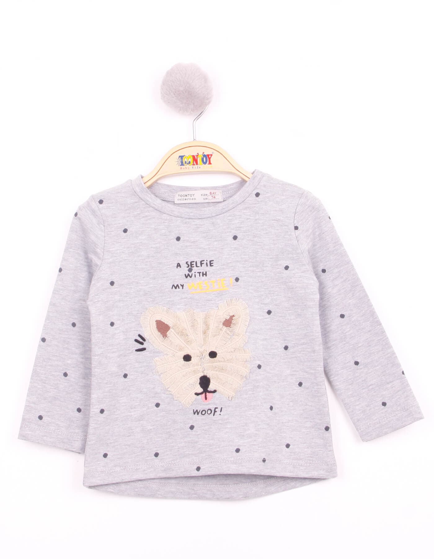 Bebek Köpek Nakışlı T-Shirt Gri Melanj