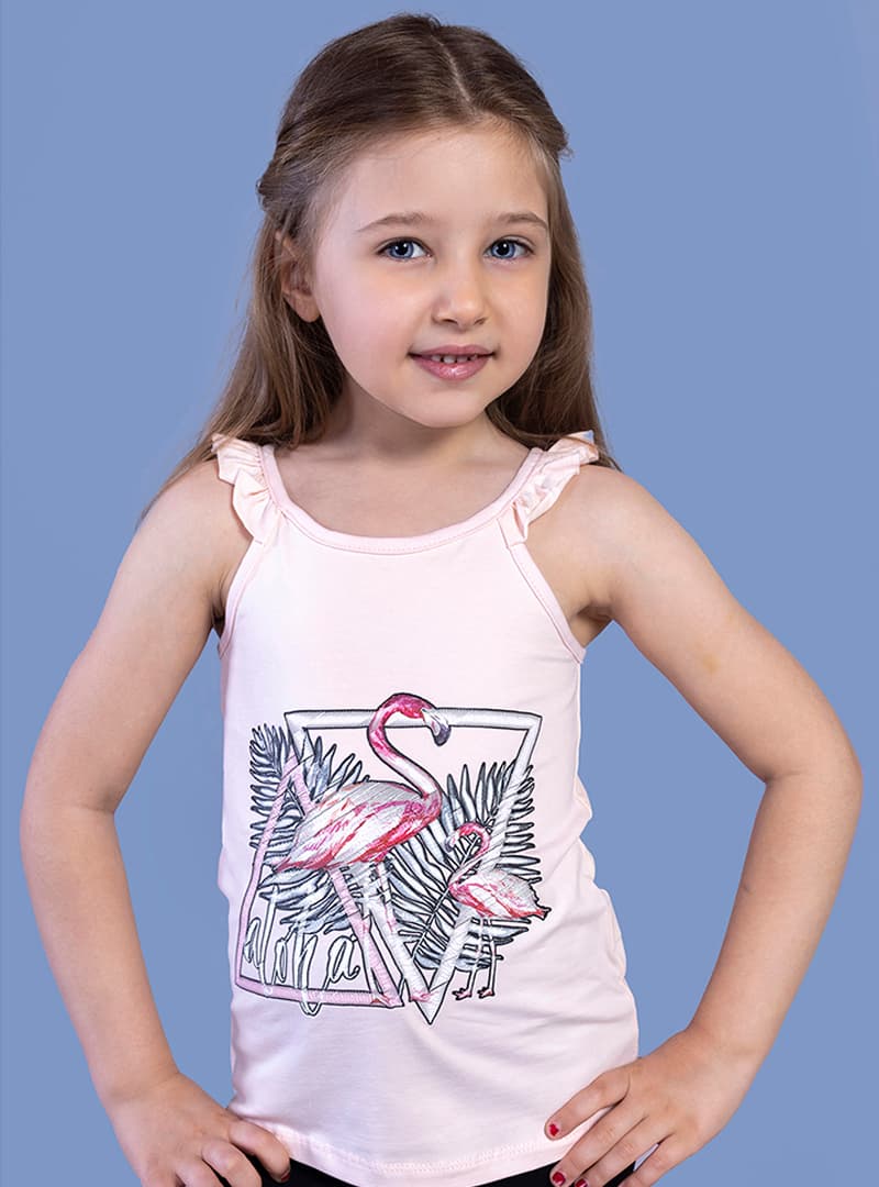 Flamingo Baskılı Kız Çocuk Atlet Pudra