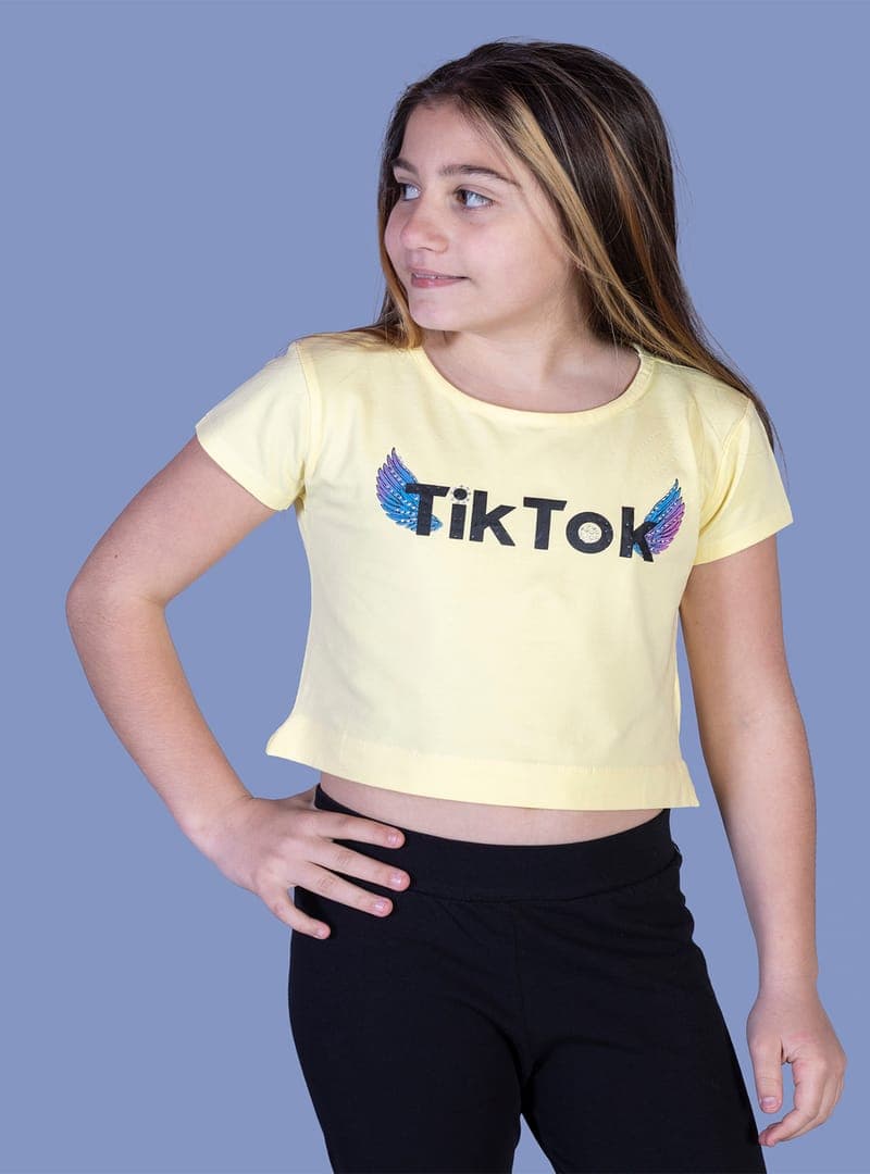 Kız Çocuk TikTok Baskılı Tişört Sarı