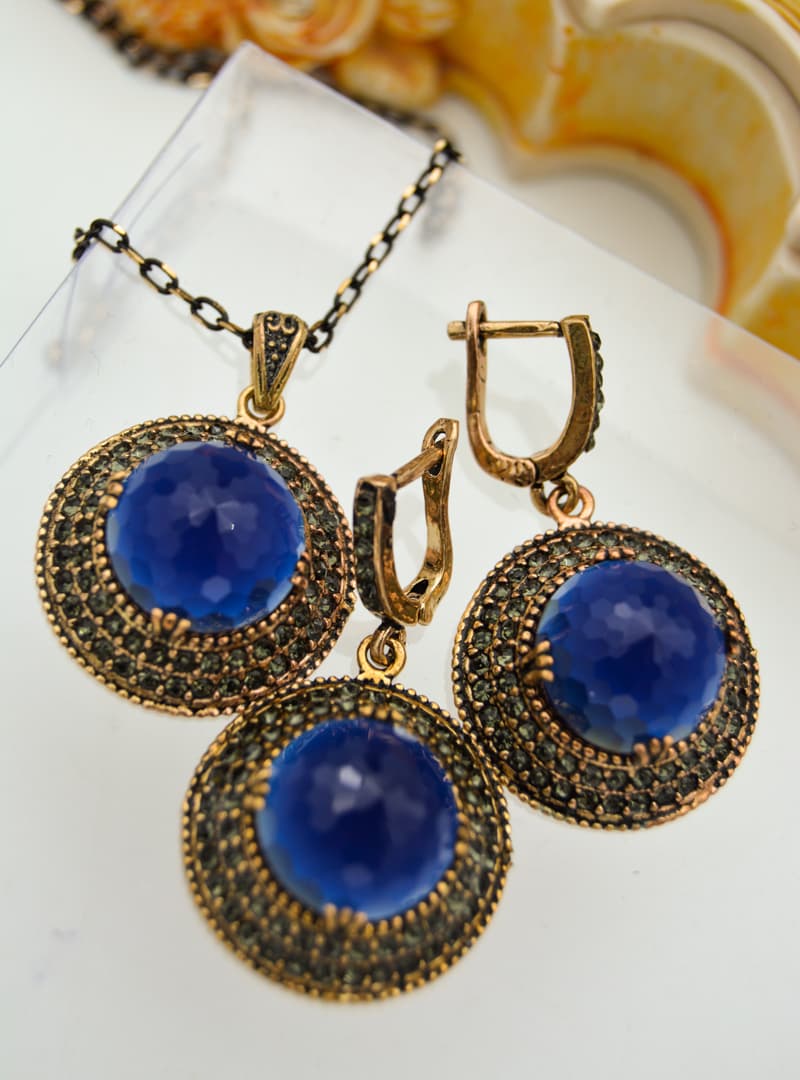 Safir Taşlı Helen Set Mavi