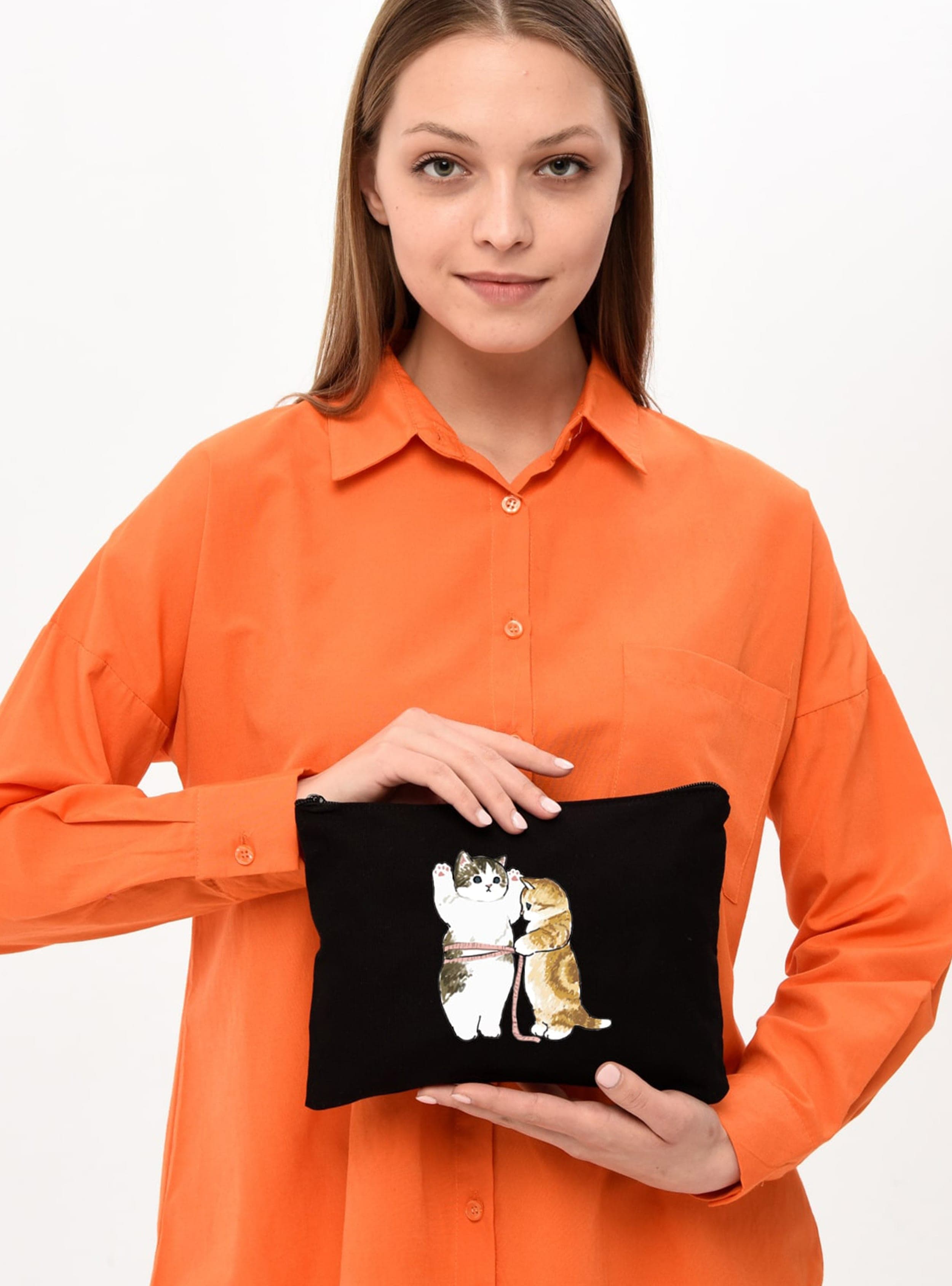 Kedi Desenli Makyaj Çantası Siyah