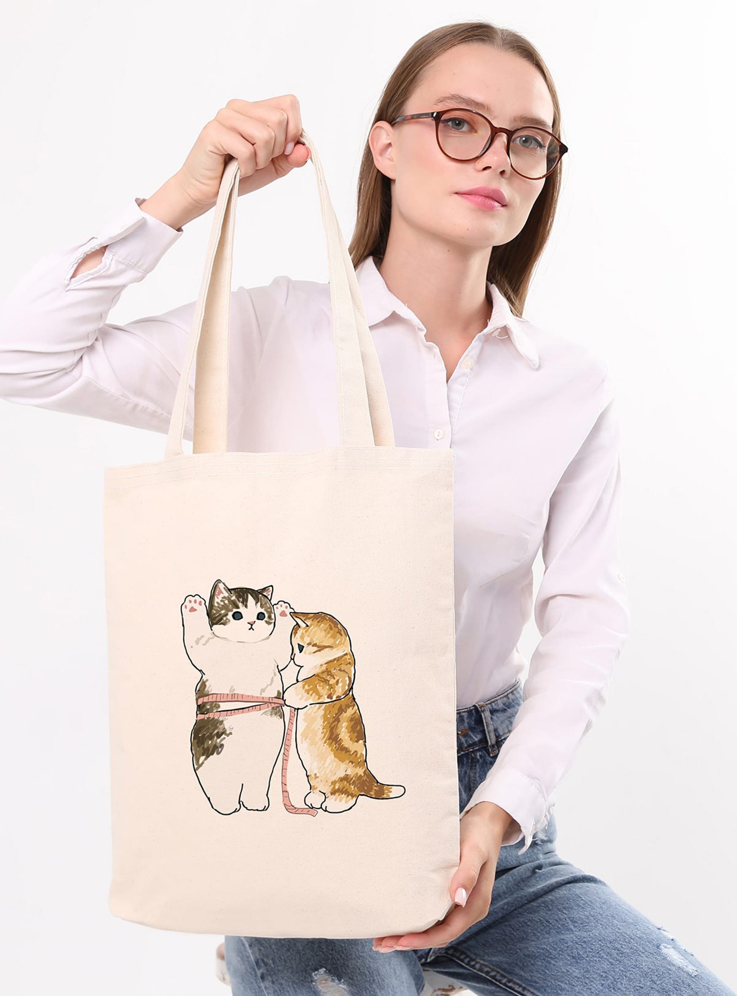 Kedi Baskılı Kanvas Bez Çanta - Krem