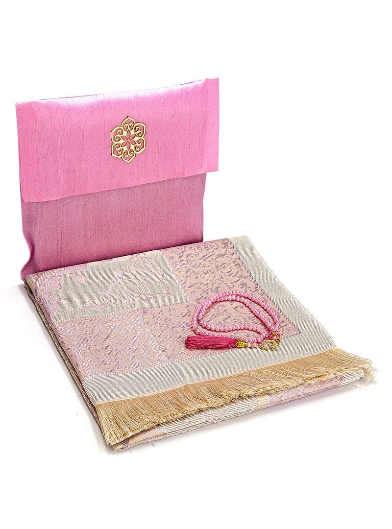 Pembe Şantuk Kumaş Seccade ve Tesbih Seti