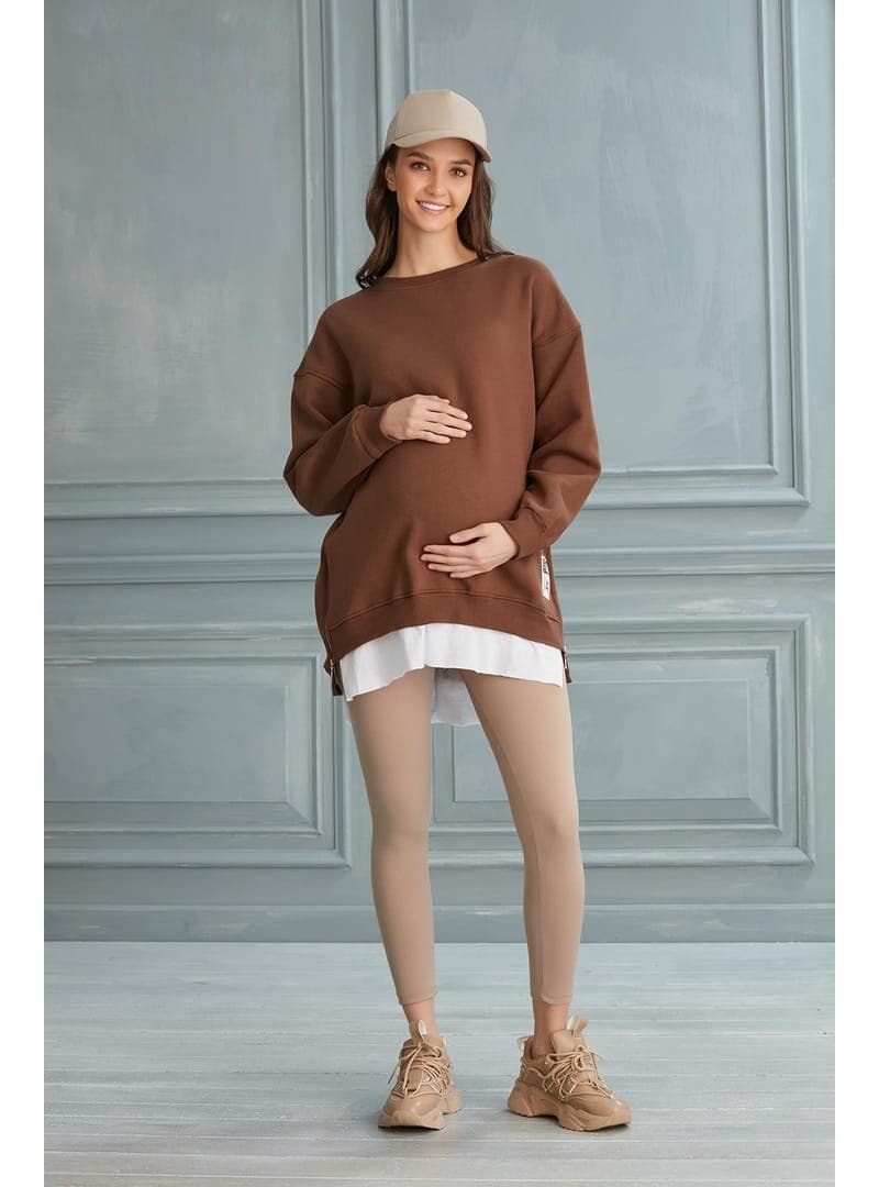 Hamile Üç İplik Penye Sweatshirt Kahve