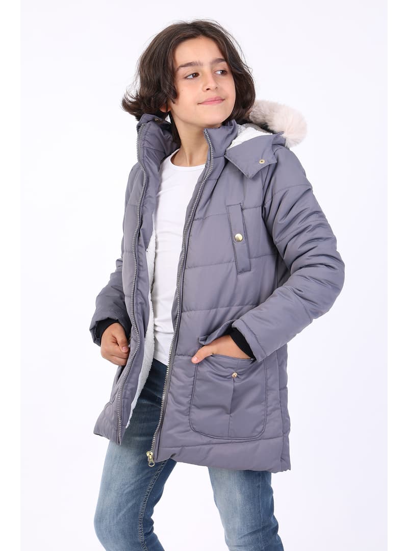 Erkek Çocuk Kapüşonlu Kışlık Mont Füme