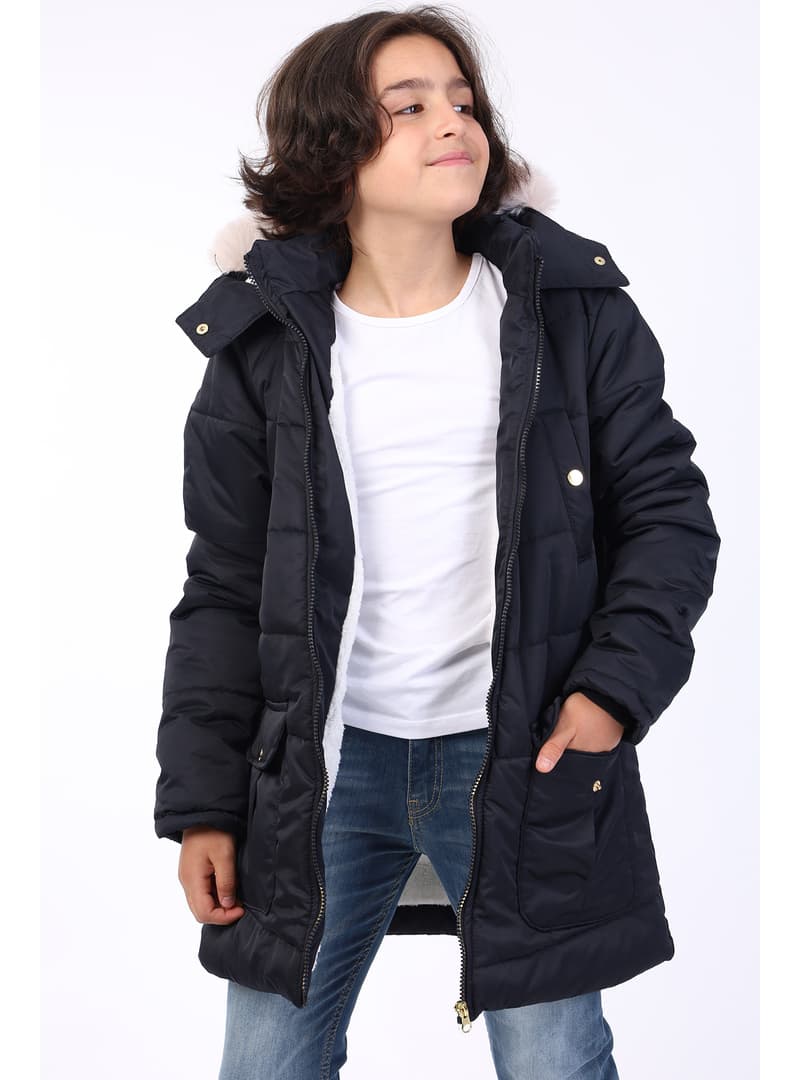 Erkek Çocuk Kapüşonlu Kürklü Mont Siyah