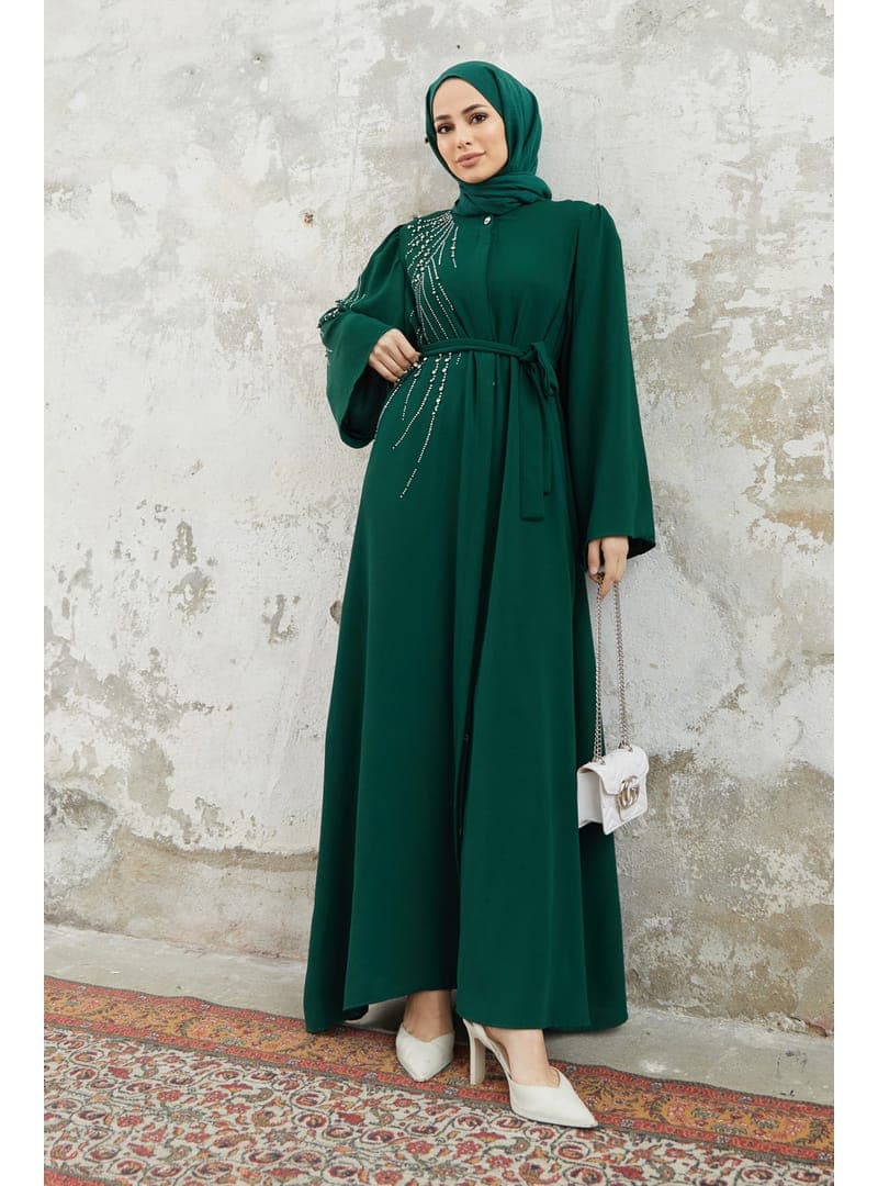 Taşlı Abaya 140 cm Zümrüt