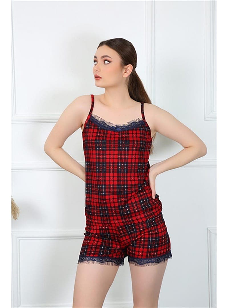Ekoseli İp Askılı Şortlu Pijama Takım Kırmızı