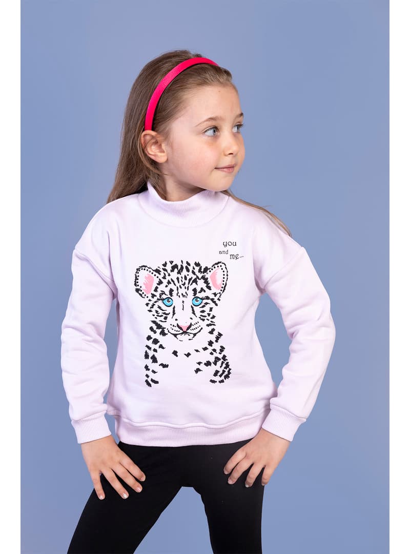 Kız Çocuk Leopar Baskılı Balıkçı Yaka Sweatshirt Toz Pembe