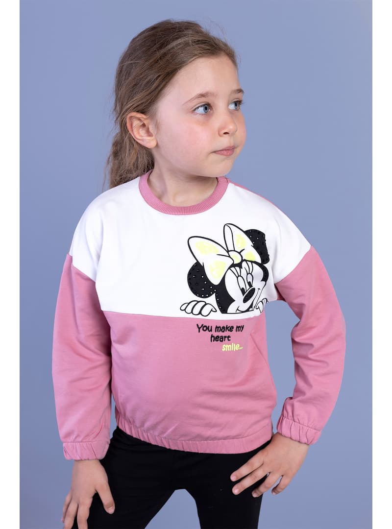 Kız Çocuk Minnie Mouse Baskılı Sweatshirt Gül Kurusu