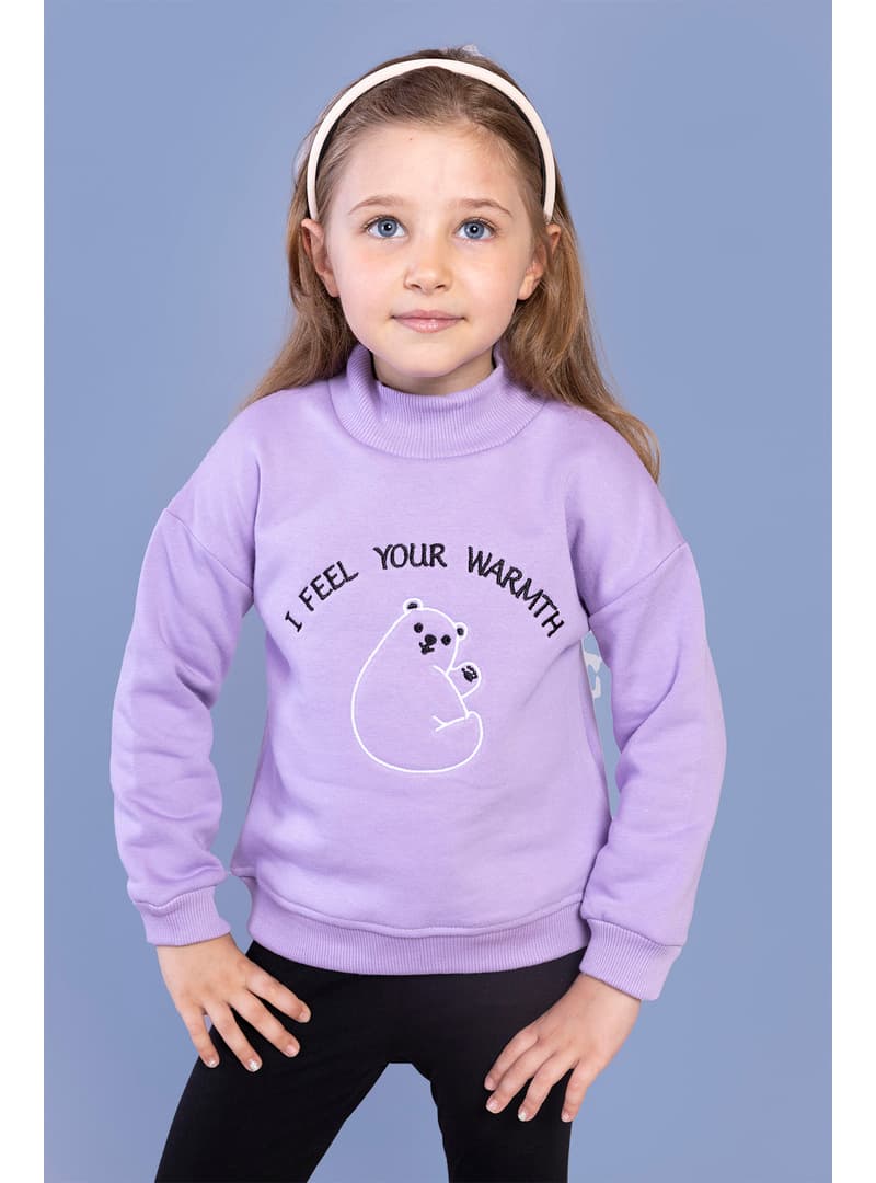 Kız Çocuk Nakışlı Balıkçı Yaka Sweatshirt Lila