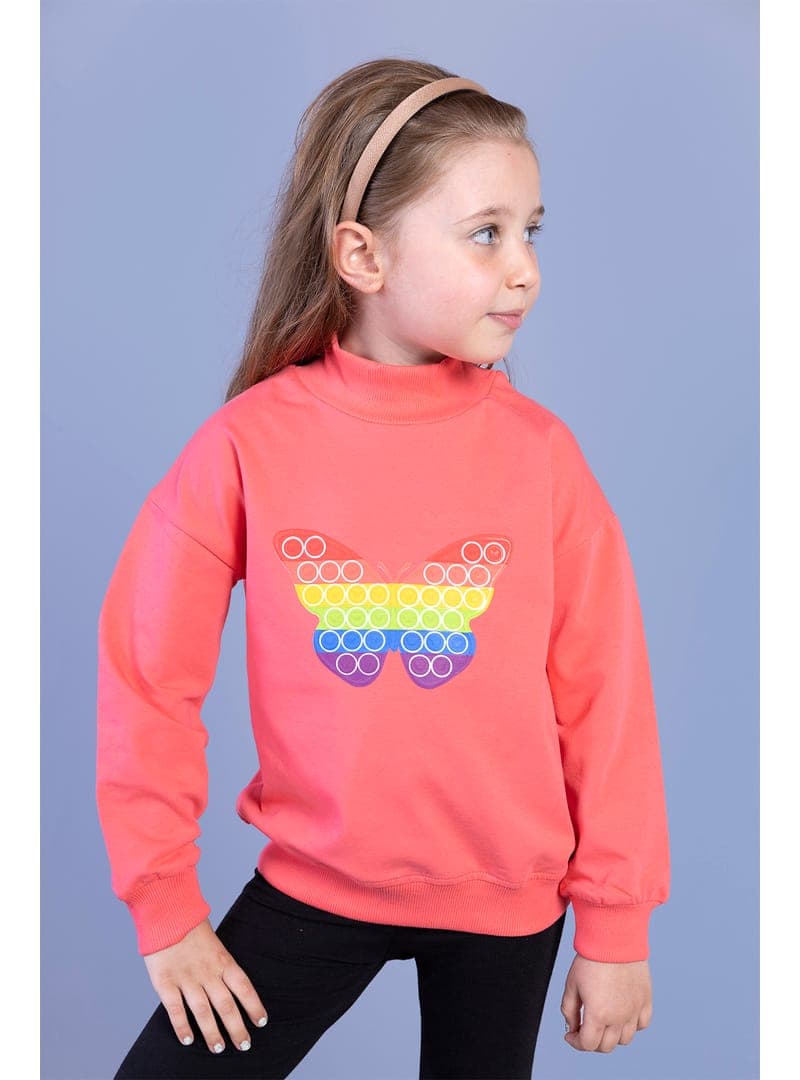 Kız Çocuk Popıt Desenli Sweatshirt Nar Çiçeği